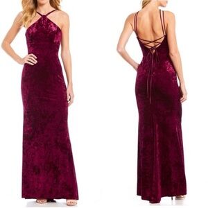 XSCAPE Burgundy Velvet NEW High Neck Lace Up Back Fitted Gown Cocktail Dress 8